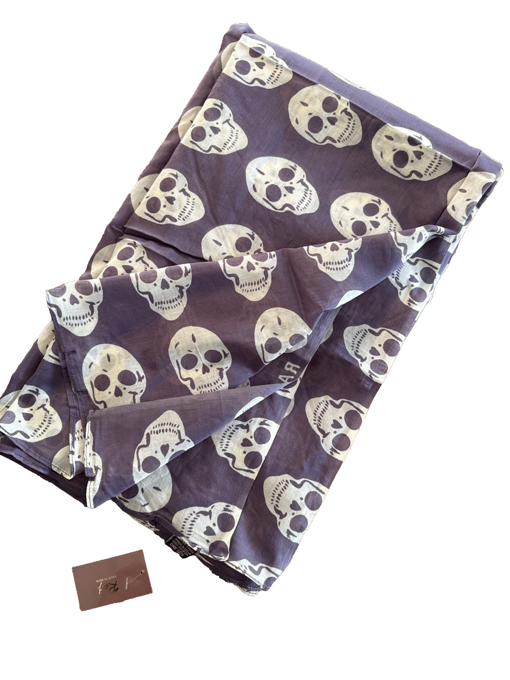 RAJ Anthropologie Skull Printed Purple and Cream 100% Cotton Scarf 75x40" NWT
